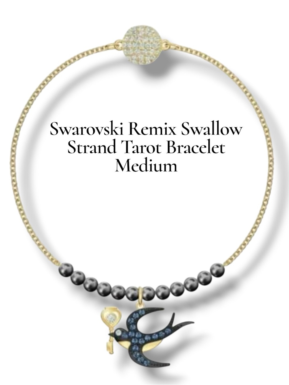 Swarovski Remix Swallow Bird & Key Charm Bracelet Gold Tone Black Crystal Pearls